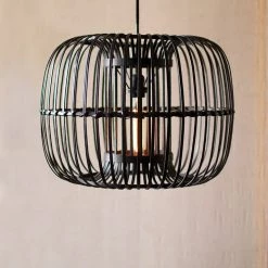 Kalalou Round Black Bamboo Pendant Lamp