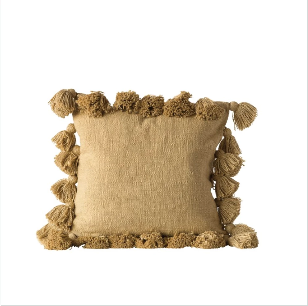 Creative Co-Op Mustard Cotton Pillow With Tassels Decor 3 Creative Co-Op Mustard Cotton Pillow With Tassels Decor